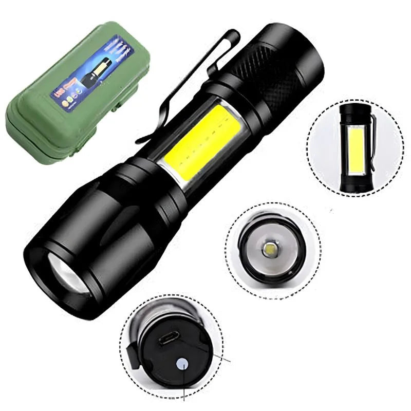 Metal COB Flashlight Torch | Mini Rechargeable LED Work Light & Waterproof Emergency Penlight