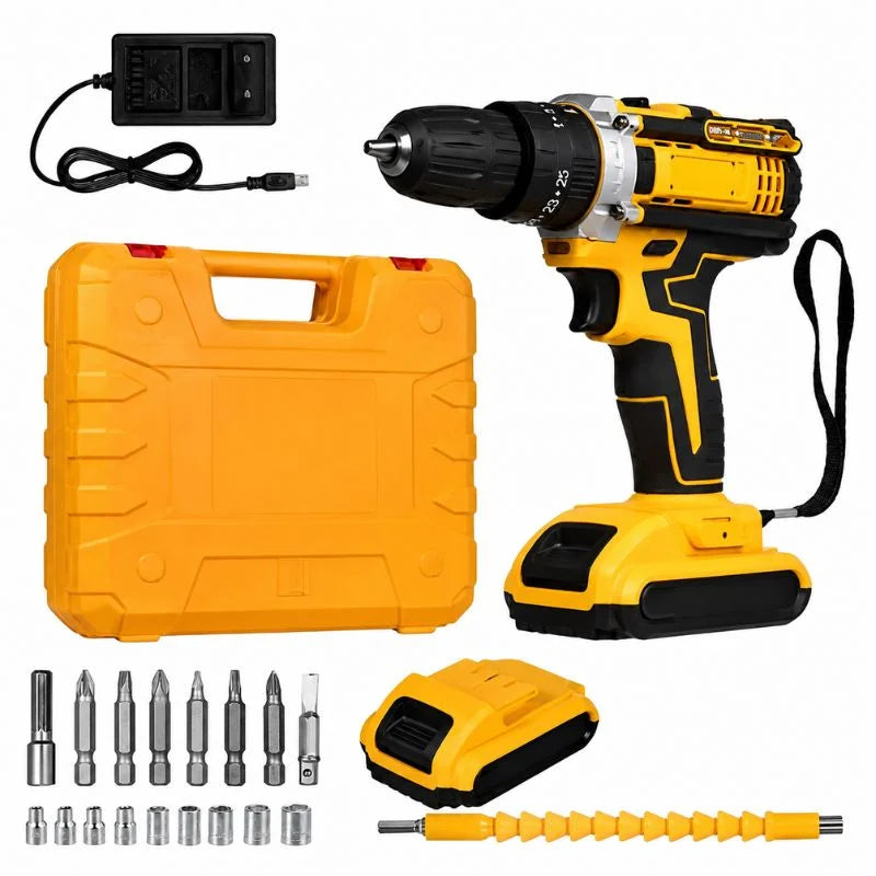 Cordless Drill Machine Kit with 2 Batteries & 26 Accessories | Portable Rechargeable Impact Drill Set