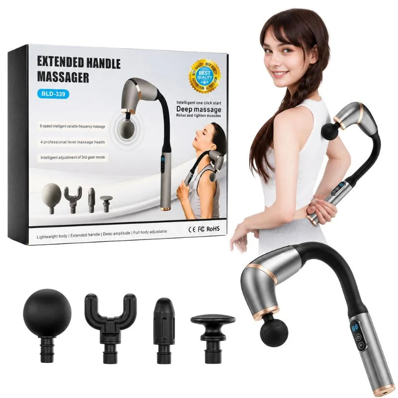 Long Handle Fascial Gun Massager | Model: BLD-339 | Rechargeable Massage Gun with 4 Interchangeable Heads | Full Body Muscle Relaxation
